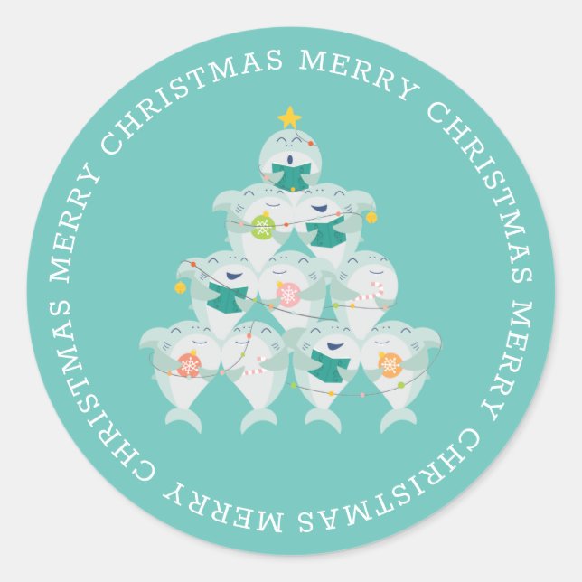 Cute Shark Christmas Tree Classic Round Sticker (Front)