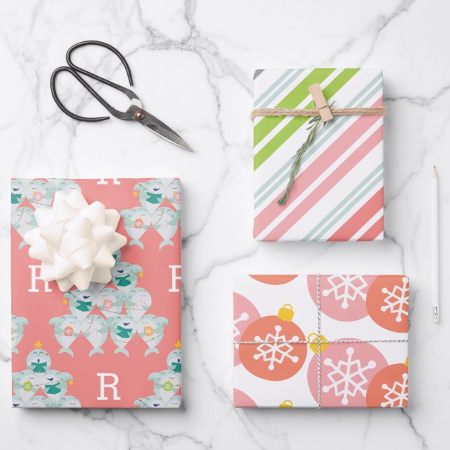 Cute Shark Christmas Tree With Initial Wrapping Paper Sheet (Front)