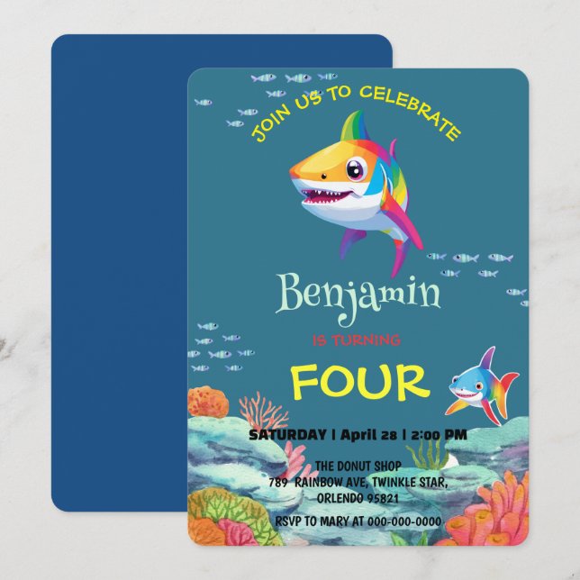 Cute shark colourful rainbow birthday party kids invitation (Front/Back)