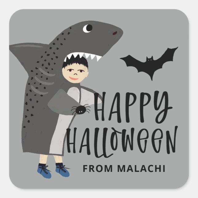 Cute Shark Costume Kids Name Halloween Party Square Sticker (Front)
