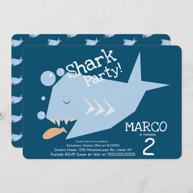 Cute Shark Geometrical Fish Any Age Birthday Blue Invitation (Front/Back)