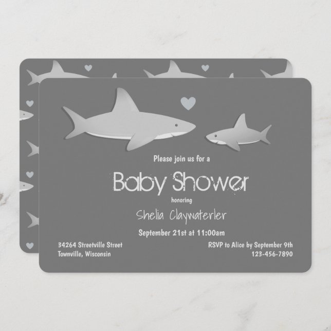 Cute Shark Grey Baby Shower Invitation (Front/Back)