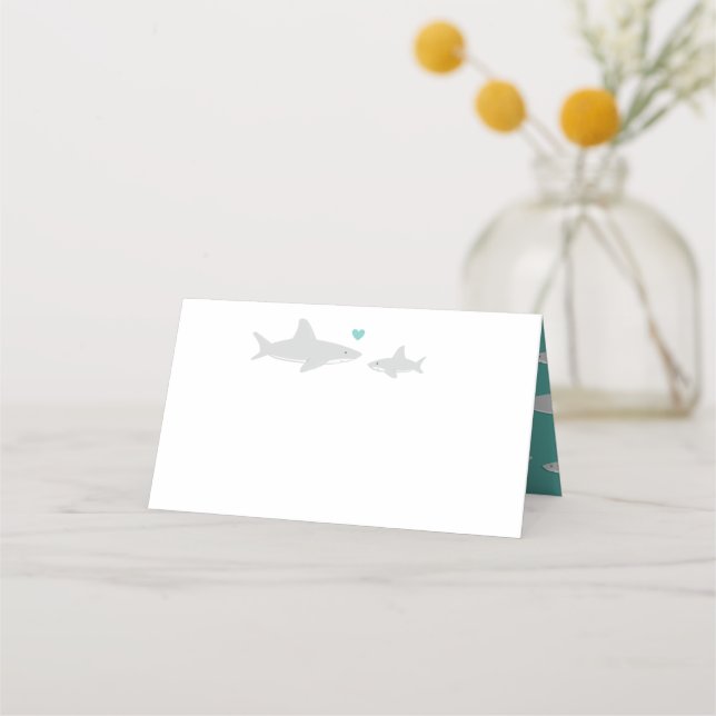 Cute Shark Heart Green Baby Shower Place Card (Front)