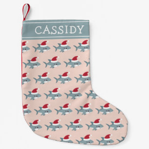 Cute Shark in a Santa Hat Light Pink Personalised Small Christmas Stocking
