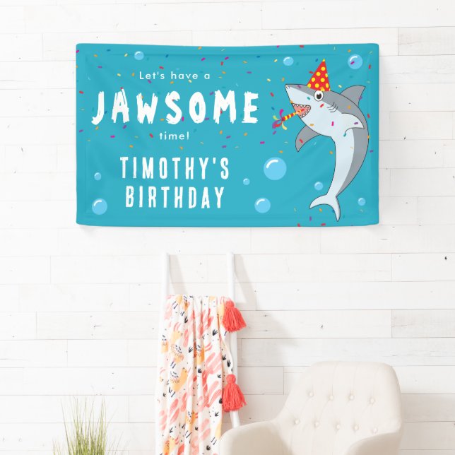 Cute Shark in Ocean Kids Birthday Party Banner (Insitu)