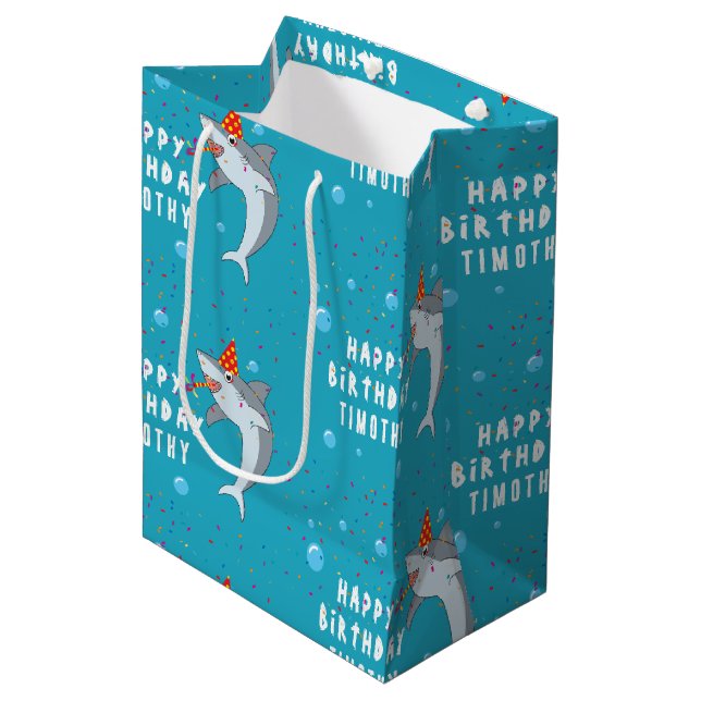 Cute Shark in Ocean Kids Birthday Party Medium Gift Bag (Front Angled)