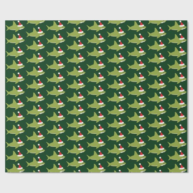 Cute Shark in Santa Hat Green Holiday Christmas Wrapping Paper (Flat)