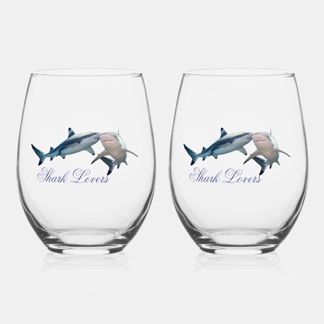 Cute Shark Lovers Stemless Wine Glass (Front)
