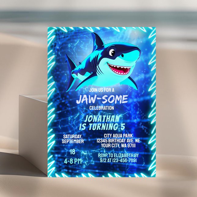 Cute Shark Neon Glow Blue Pool Party Boys Birthday Invitation (Creator Uploaded)