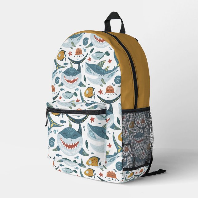 Cute Shark Pattern Printed Backpack (Back Corner Right)