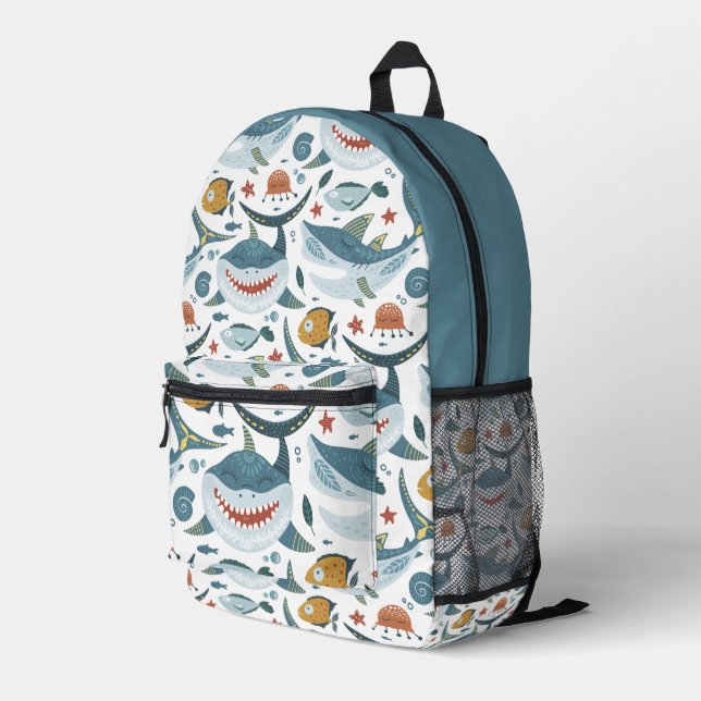 Cute Shark Pattern Printed Backpack (Back Corner Right)