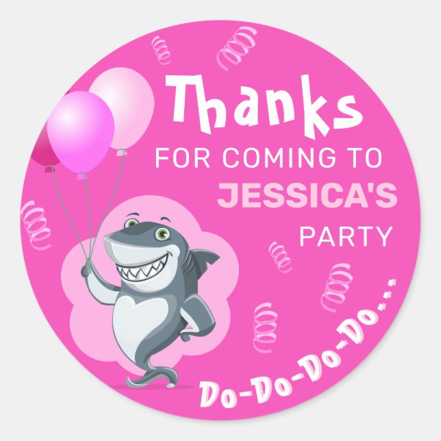 Cute Shark | Pink Balloons Birthday Classic Round Sticker (Front)