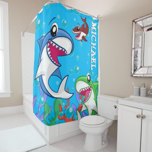 Cute Shark Sea Life Ocean Blue Customisable Kids Shower Curtain (In Situ)