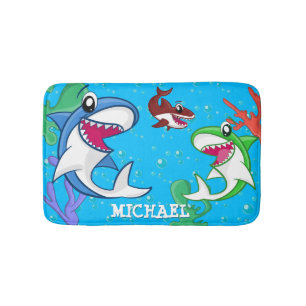 Cute Shark Sea Life Ocean Customisable Name Kids Bath Mat
