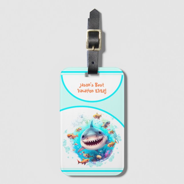 Cute Shark Summer Vacation Personalised Boy Luggage Tag (Front Vertical)