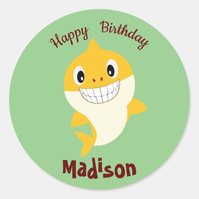 Cute Shark 🦈 Super Birthday Ocean Party Sage Classic Round Sticker (Front)