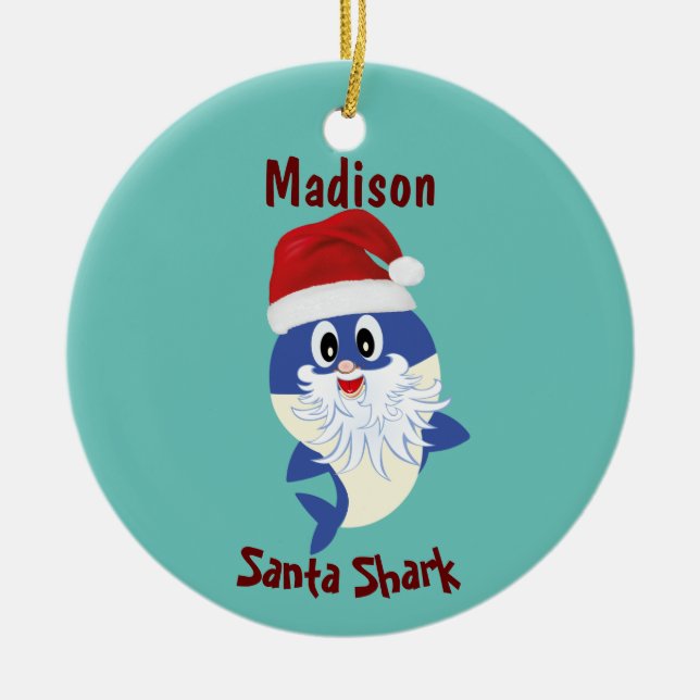 Cute Shark 🦈 Super Ocean Christmas Santa Ceramic Ornament (Front)