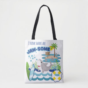 Cute Shark Surfboard Island Beach Tote Bag