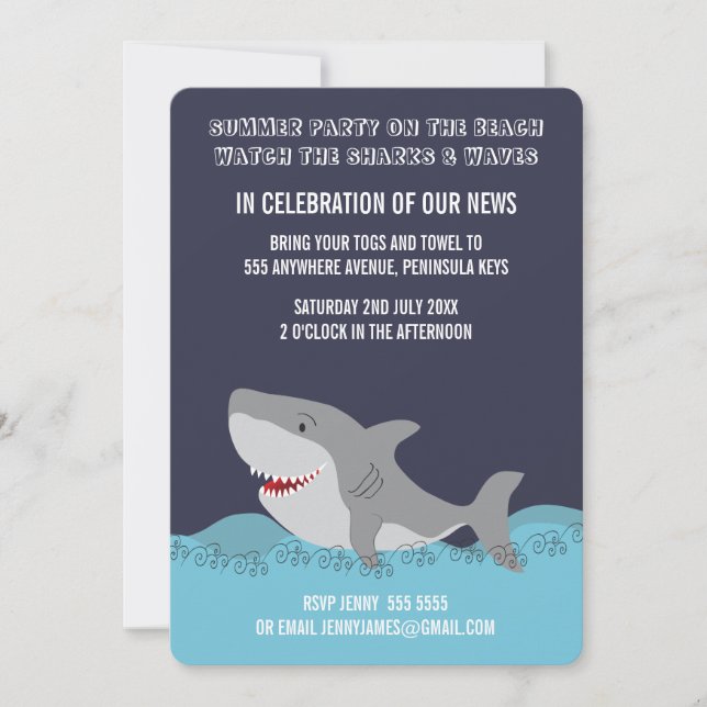 Cute Shark Theme Summer Beach Ocean Party Invitation (Front)