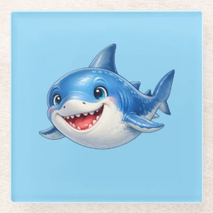 Cute Shark with Big Eyes Happy Ocean Animal Illust Glass Coaster