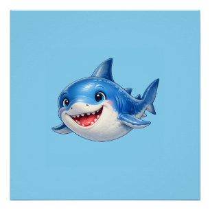 Cute Shark with Big Eyes Happy Ocean Animal Illust Poster