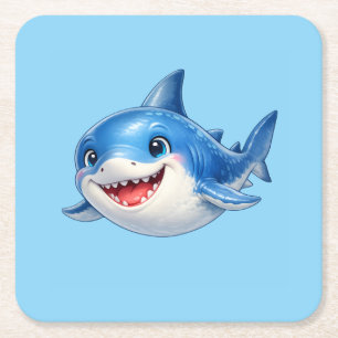 Cute Shark with Big Eyes Happy Ocean Animal Illust Square Paper Coaster
