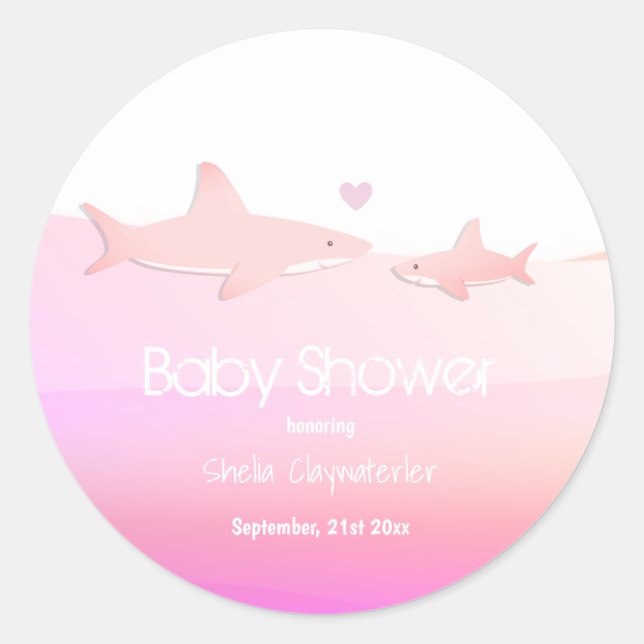 Cute Sharks and Ocean Pink | Baby Shower Sticker (Front)