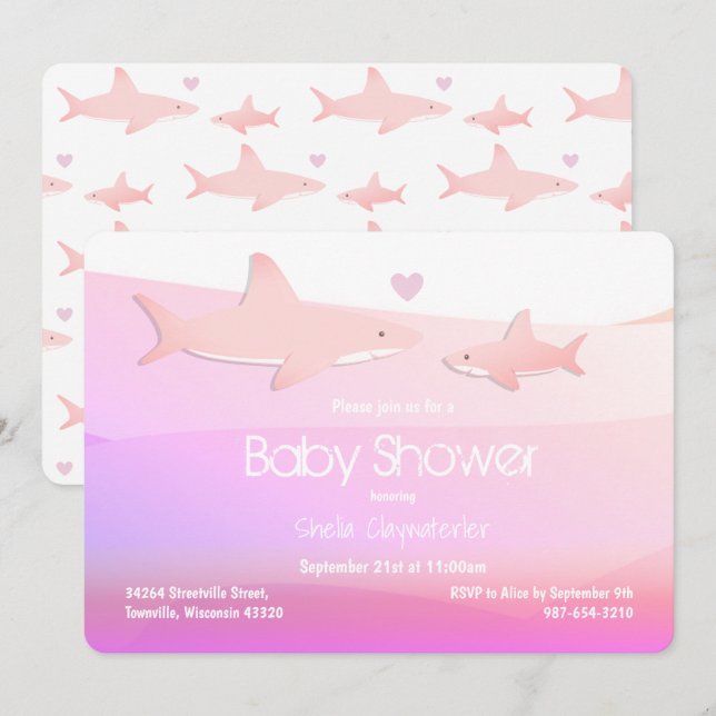 Cute Sharks and Ocean Pink White Invitation (Front/Back)