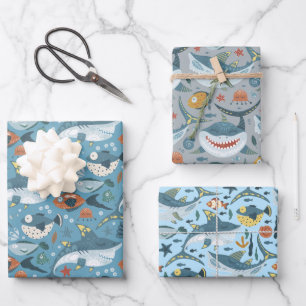 Cute Sharks Blue Green Grey Birthday Baby Boy Wrapping Paper Sheet