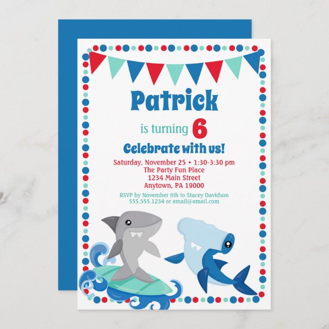 Cute Sharks Invitation Funny Birthday Party (Front/Back)