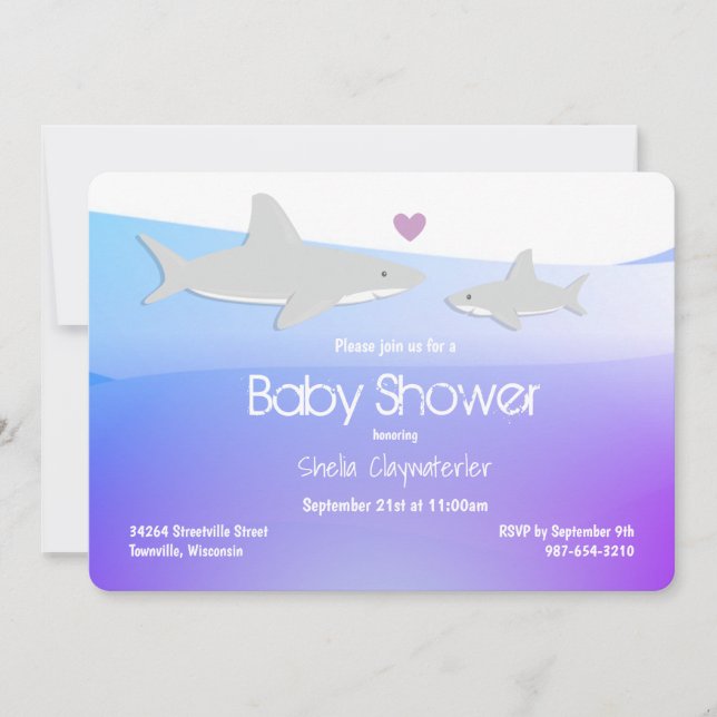 Cute Sharks Purple Ocean | Baby Shower Invitation (Front)