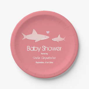 Cute Sharks Solid Pink Background   Baby Shower Paper Plate
