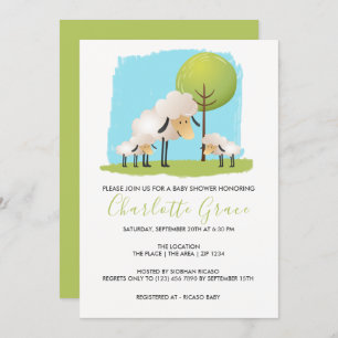 Cute Sheep And Lambs Personalised Twin Baby Shower Invitation