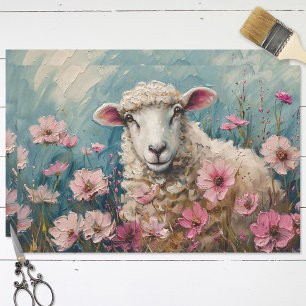 Cute Sheep and Pink Wildflowers Painting Decoupage Tissue Paper