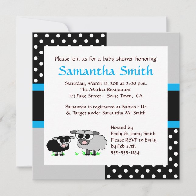 Cute Sheep Baby Shower Invitation Blue Black Grey (Front)