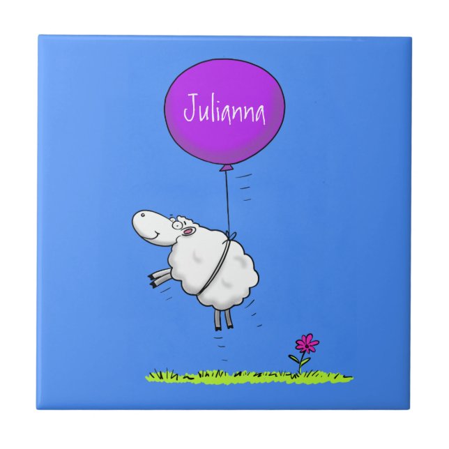 Cute sheep balloon cartoon humour illustration ceramic tile (Front)