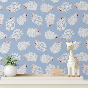 Cute Sheep Blue Nursery Peel and Stick Wallpaper