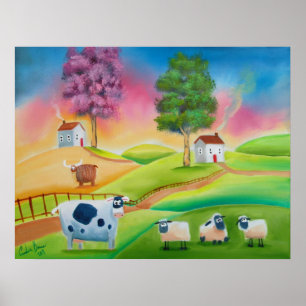 Cute sheep cows folk art naive painting G Bruce Poster