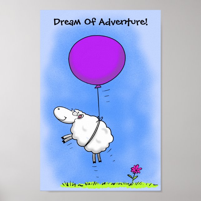 Cute sheep flying with pink balloon cartoon poster (Front)