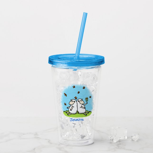 Cute sheep friends and butterflies cartoon acrylic tumbler (Back Ice)