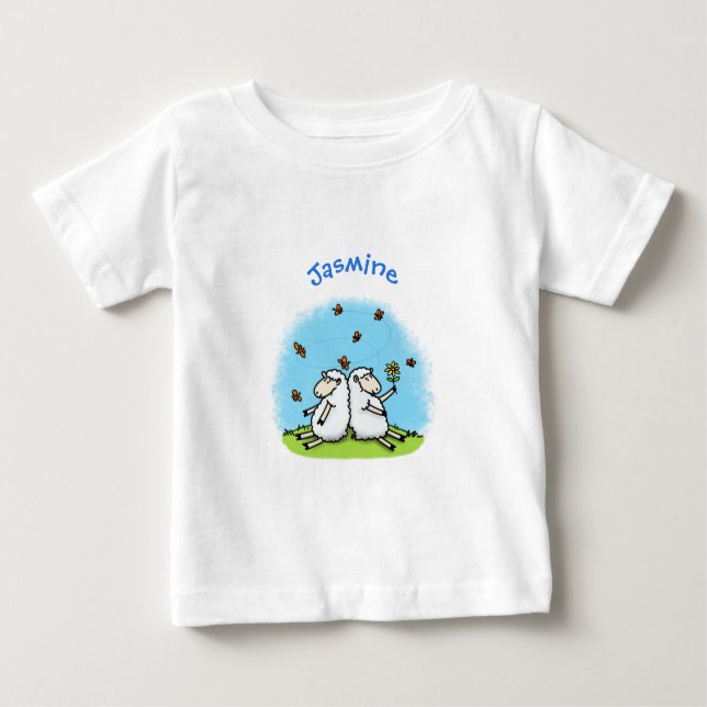 Cute sheep friends and butterflies cartoon baby T-Shirt (Front)
