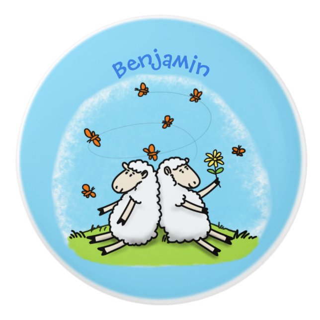 Cute sheep friends and butterflies cartoon ceramic knob (Front)