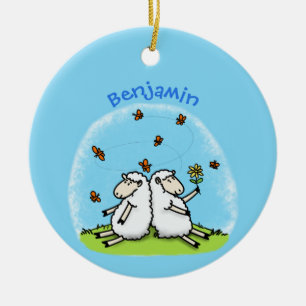 Cute sheep friends and butterflies cartoon ceramic ornament
