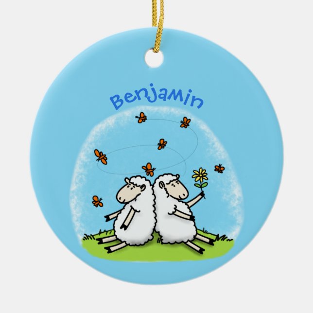 Cute sheep friends and butterflies cartoon ceramic ornament (Front)