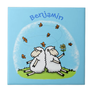 Cute sheep friends and butterflies cartoon ceramic tile