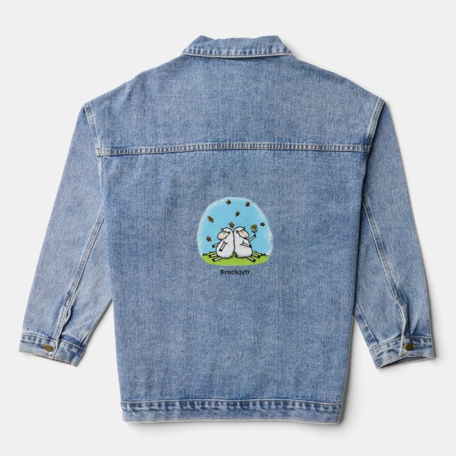 Cute sheep friends and butterflies cartoon denim jacket (Back)