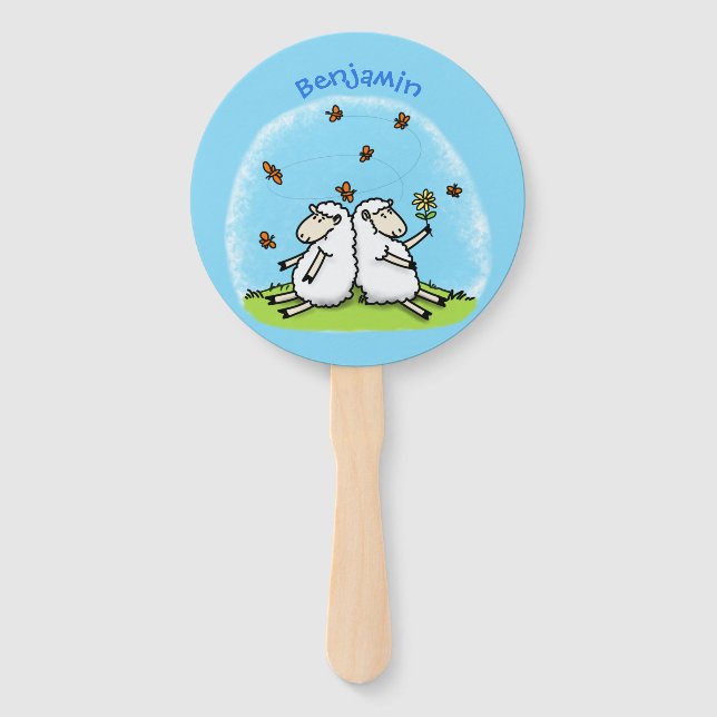 Cute sheep friends and butterflies cartoon hand fan (Front)