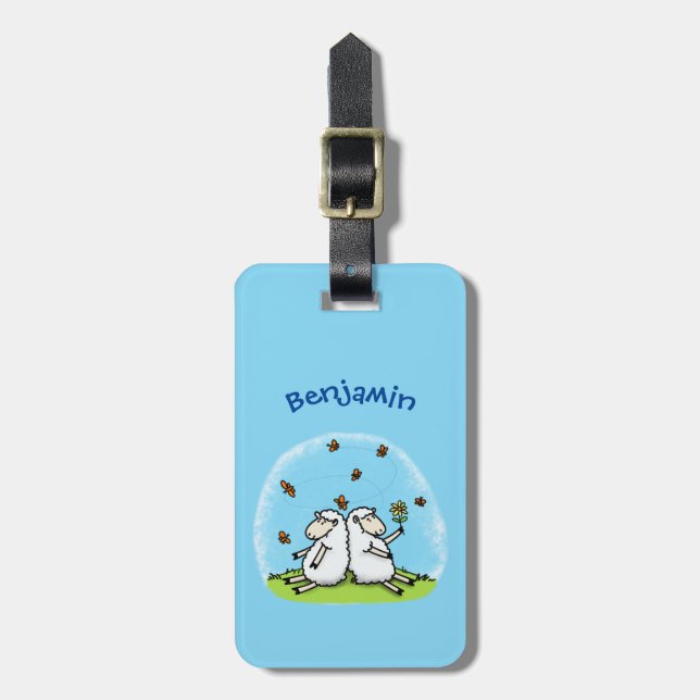 Cute sheep friends and butterflies cartoon luggage tag (Front Vertical)