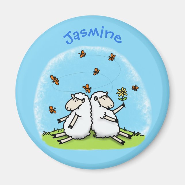 Cute sheep friends and butterflies cartoon magnet (Front)