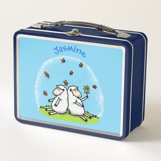 Cute sheep friends and butterflies cartoon metal lunch box (Front)